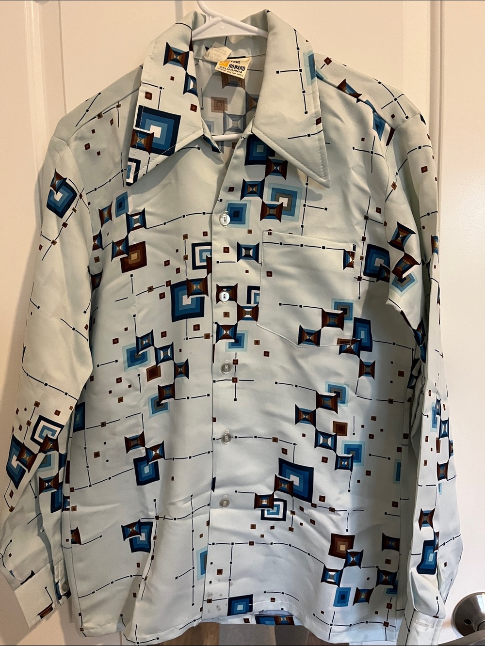 Paul Howard 70’s Disco Light Blue Geometric Print Men's Dress Shirt Sz M